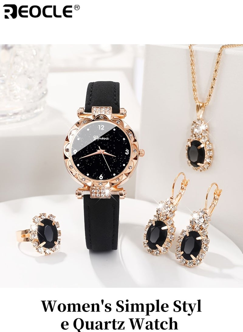 ريوكل نسائي نمط بسيط الكوارتز ووتش والمجوهرات مجموعة مع جولة سبائك الزنك حالة جلد صناعي الفرقة مؤقت وظيفة زر البطارية متضمنة مناسبة لعيد الحب عيد الفصح عيد الهالوين عيد ميلاد ارتداء اليومي للحفلات مناسبات خاصة أنيقة عملية للنساء للسيدات للكبار هدايا عيد الميلاد - Image 1