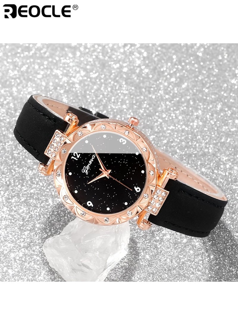 ريوكل نسائي نمط بسيط الكوارتز ووتش والمجوهرات مجموعة مع جولة سبائك الزنك حالة جلد صناعي الفرقة مؤقت وظيفة زر البطارية متضمنة مناسبة لعيد الحب عيد الفصح عيد الهالوين عيد ميلاد ارتداء اليومي للحفلات مناسبات خاصة أنيقة عملية للنساء للسيدات للكبار هدايا عيد الميلاد - Image 4