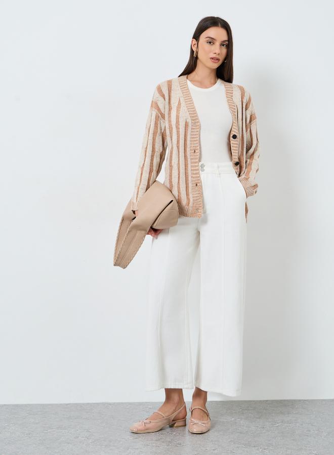 Take Two Beige Striped Cable Knit Cardigan - Image 2
