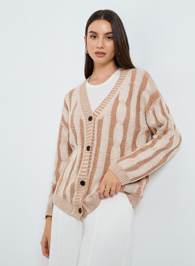 Take Two Beige Striped Cable Knit Cardigan - Image 1