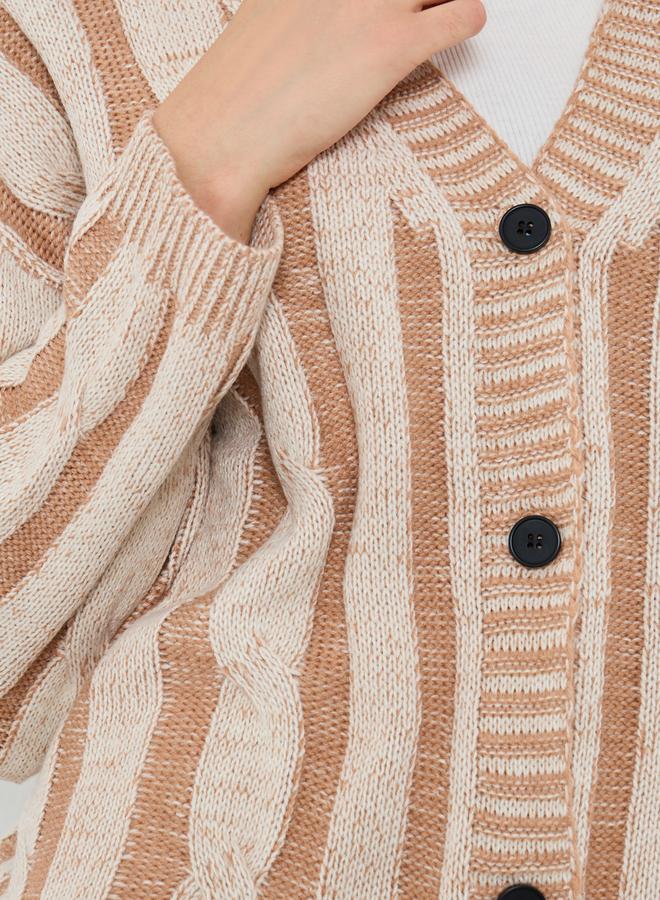Take Two Beige Striped Cable Knit Cardigan - Image 3