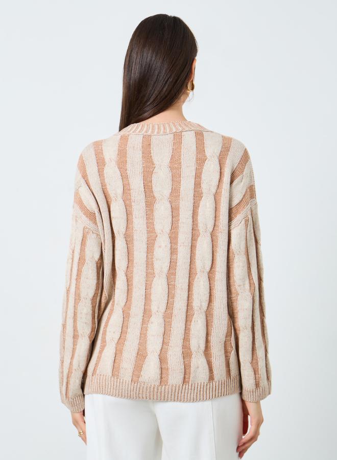 Take Two Beige Striped Cable Knit Cardigan - Image 4