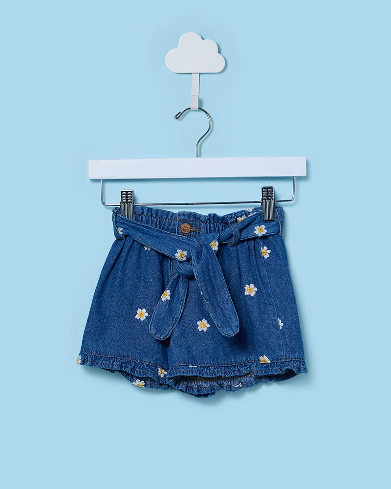 Redtag Infant Girls Blue Embroidered Shorts with Self Fabric Belt