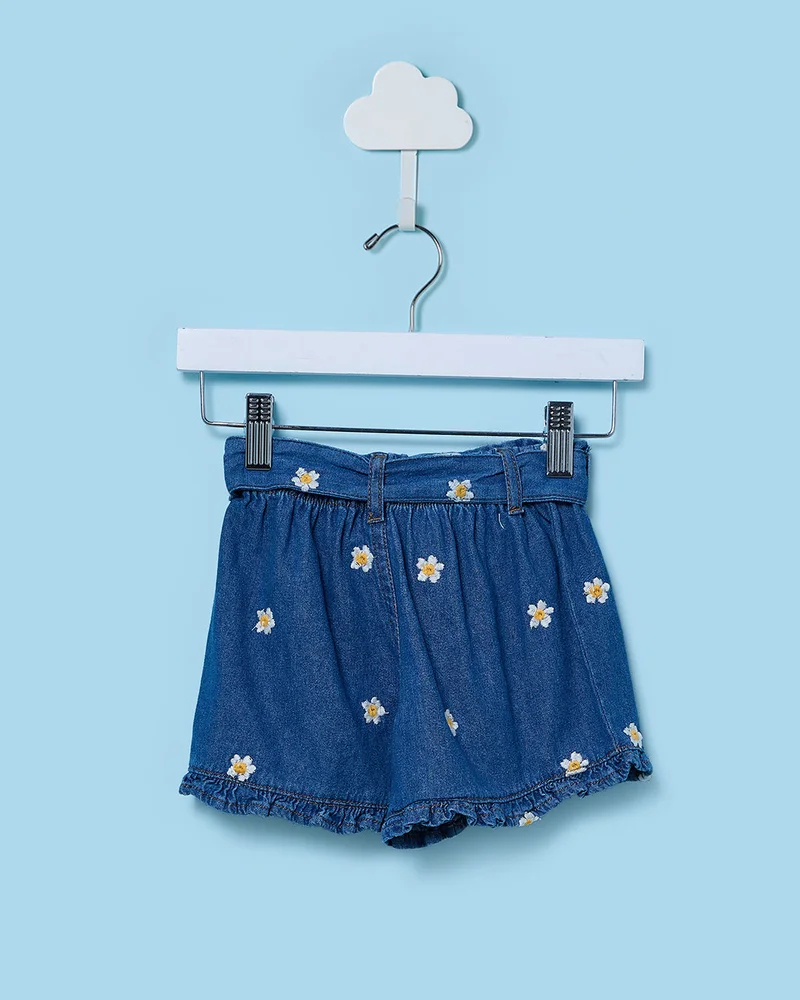 Redtag Infant Girls Blue Embroidered Shorts with Self Fabric Belt