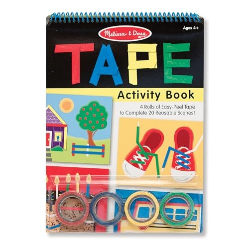 Melissa & Doug Tape Activity Book for Kids with 4 Easy-Tear Tape Rolls (Blue, Green, Red, Yellow) & 20 Reusable Scenes on Spiral-Bound Sheets, Road Trip Activities & Travel Toys for Kids Ages 4+ - Image 1