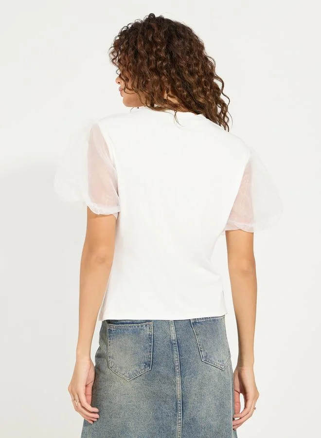 Styli Flat Knit Wrap Top with Puff Sleeves