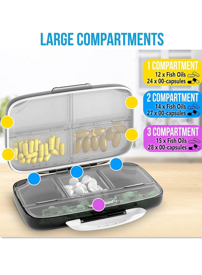 Excefore منظم حبوب السفر اليومي، 8 أقسام صندوق حبوب صغير مقاوم للرطوبة للجيب، حافظة حبوب يومية محمولة، صندوق حاوية حامل فيتامينات، أسود - Image 3