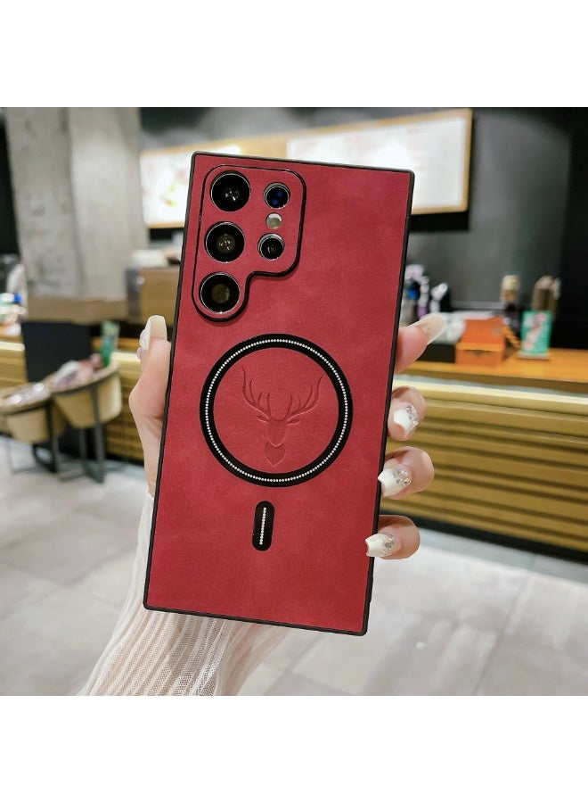 Lambskin Leather Elk Pattern Case For Samsung S24 Ultra Shockproof Magnetic For Magsafe Wireless Charge Cover Soft Faux Leather Phone Case,[Compatible with Mag-Safe] Premium Protective Cover