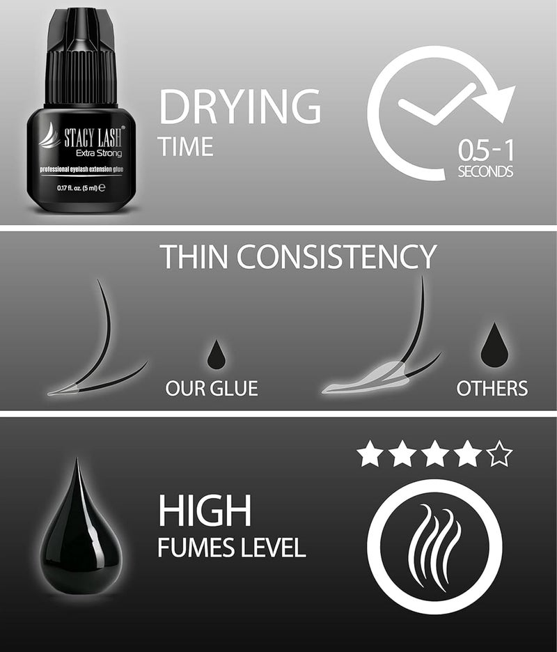 Stacy Lash Extra Strong Eyelash Extension Glue - (0.17fl.oz / 5ml) / 0.5-1 Sec Drying time/Retention – 7 Weeks/Maximum Bonding Power/Black Adhesive for Semi-Permanent Extensions/Professional Supplies - Image 5