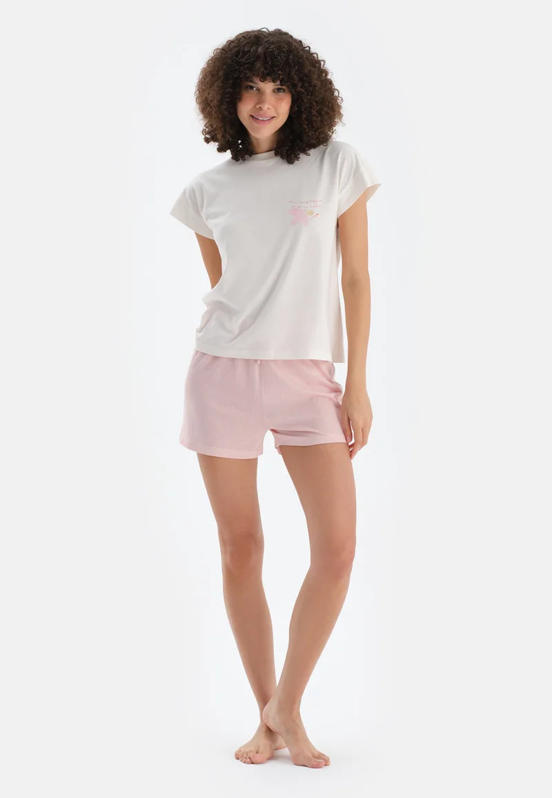 dagi Animal Print Mid Rise White Crew Neck Cotton Blend T-shirt & Shorts Nightwear Set