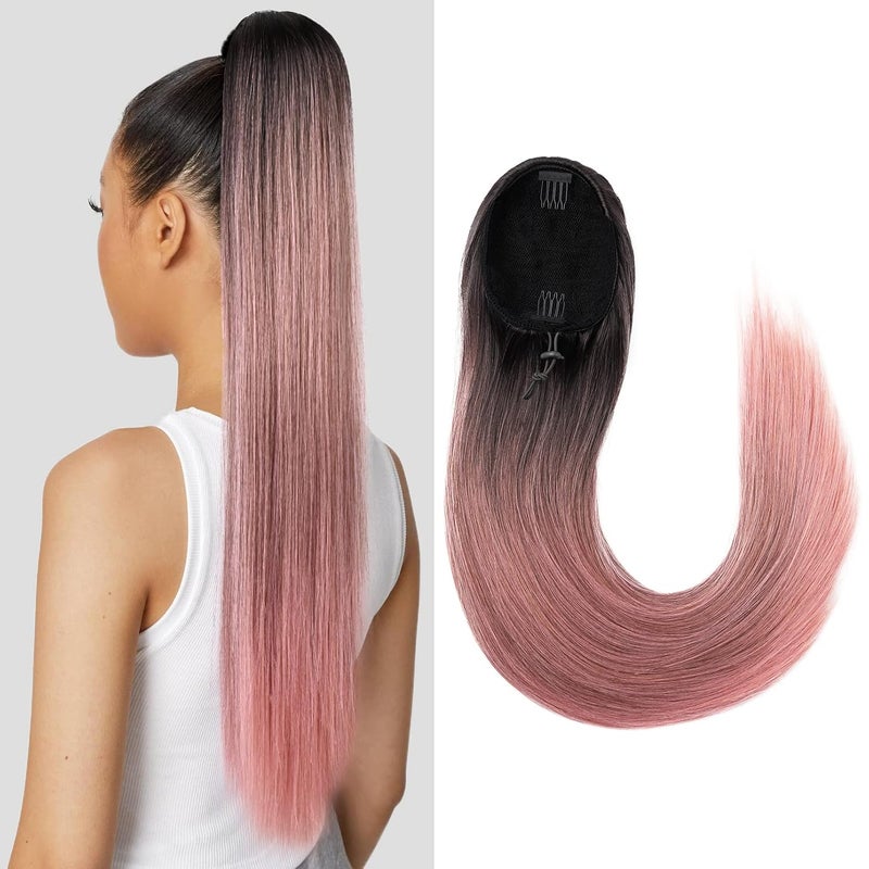 SEIKEA 28 Drawstring Ponytail Extension for Black Women Long Straight Fake Hair Natural Soft Clip in Hair Extensions Synthetic Heat Resistant Hairpiece Natural BlackPink