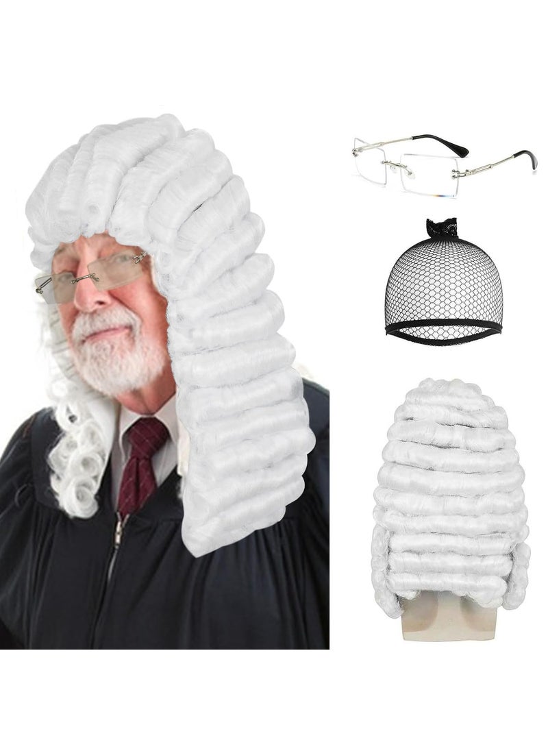 Ebingoo Ebingoo White Judge Wig  Glasses  Wig Cap Judge Colonial Wig Adult Judge Costume Accessories White Lawyer Wig for Men Halloween Party Costume Cosplay 