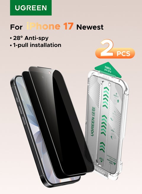 واقي شاشة آيفون 17 (عبوة من قطعتين) مع طقم محاذاة تلقائية، مضاد للتجسس، حماية الخصوصية، مضاد لبصمات الأصابع، سهل التركيب، زجاج مقاوم للصدمات، لاصق لا يترك بقايا، ملمس ناعم