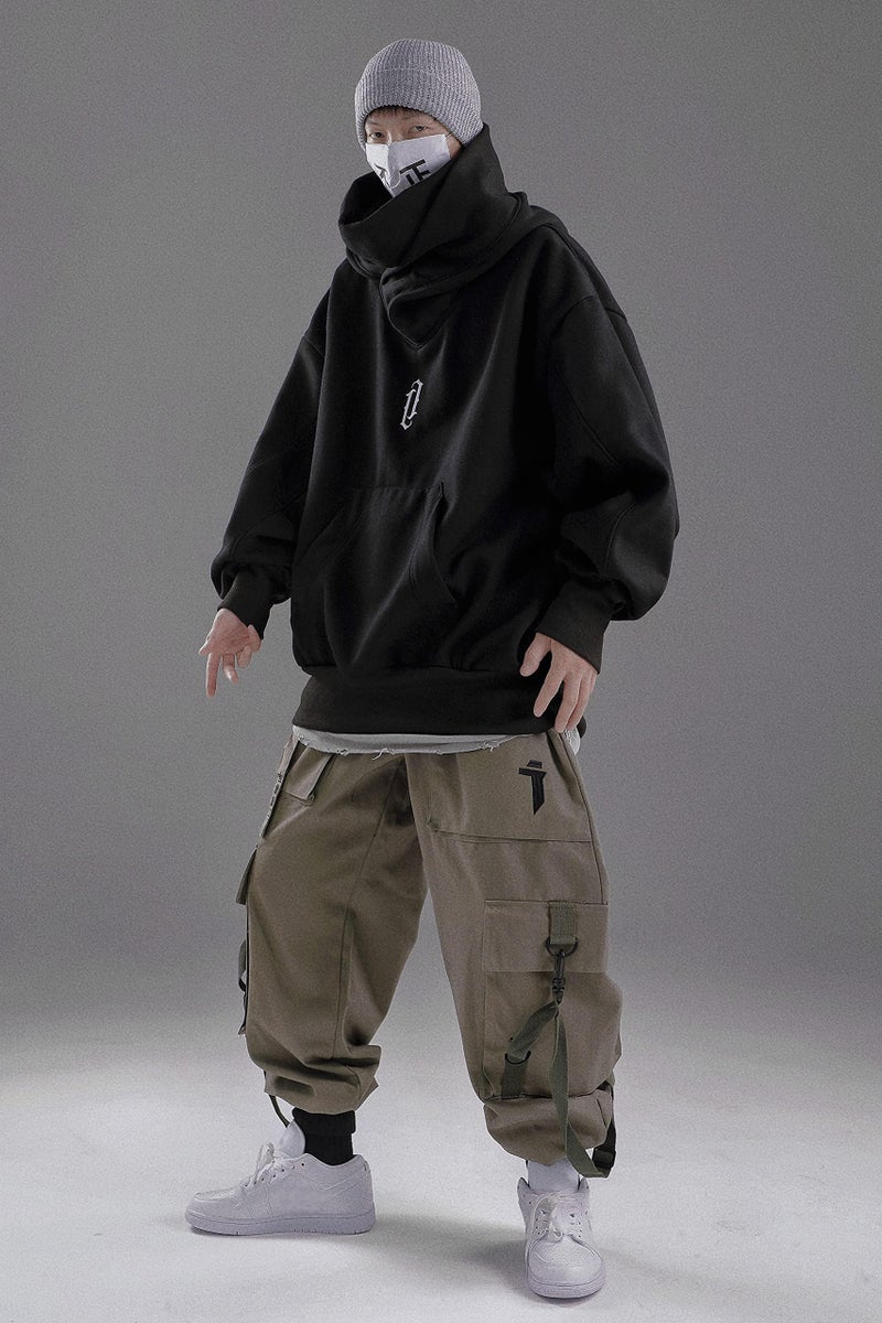 Niepce Inc Streetwear Men's Oversized Hoodie with Neck Gaiter (Black, Large) - Image 2