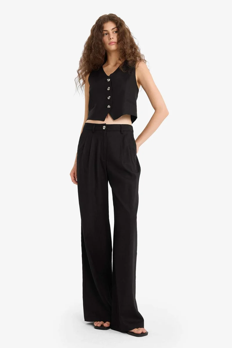 ديفاكتو Wide Leg Double Pocket Linen Blended Trousers