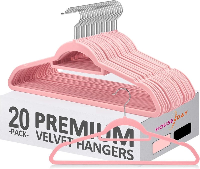 HOUSE DAY 20 Pack Pink Velvet Hangers with Tie Bar - Space Saving Non-Slip Heavy Duty Hangers - Image 1