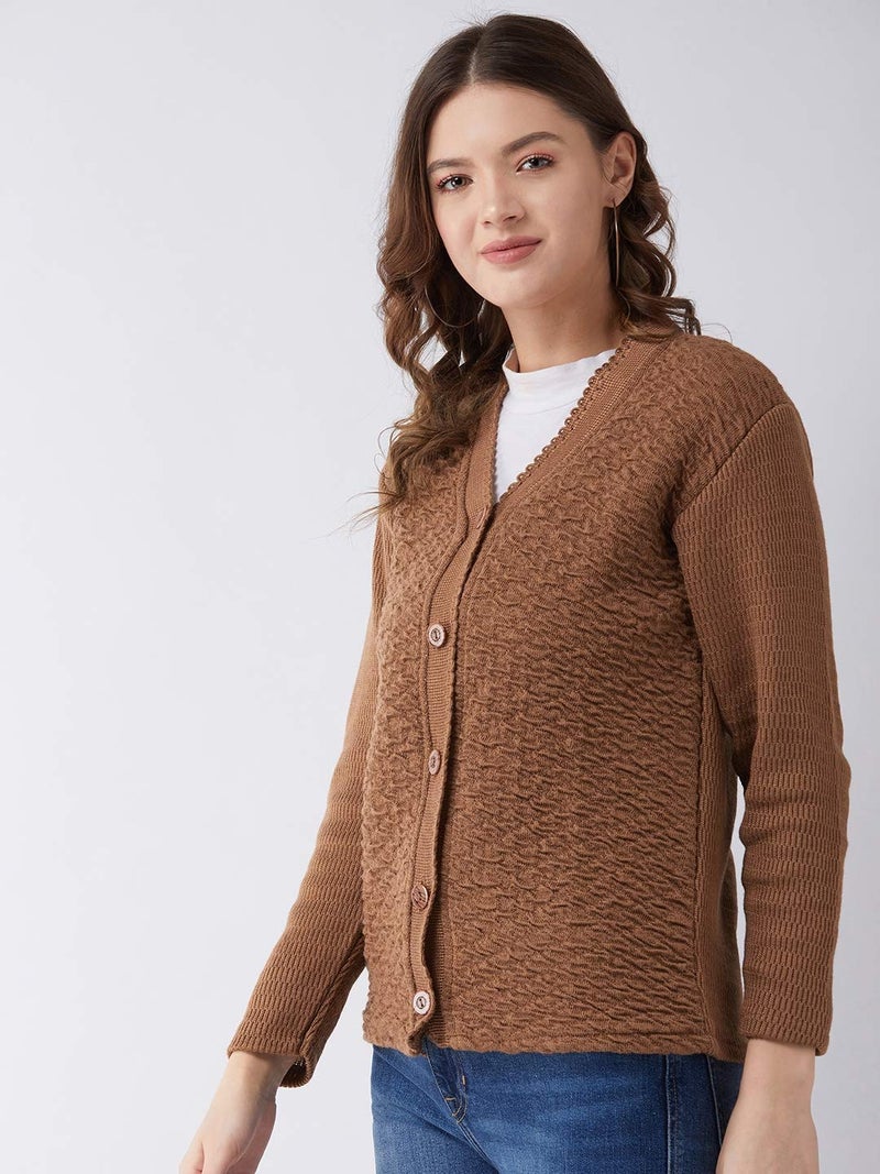 Pivl Self Design V Neck Casual Women Sweater/Cardigan for Winter (XXL, Coffee) - Image 3