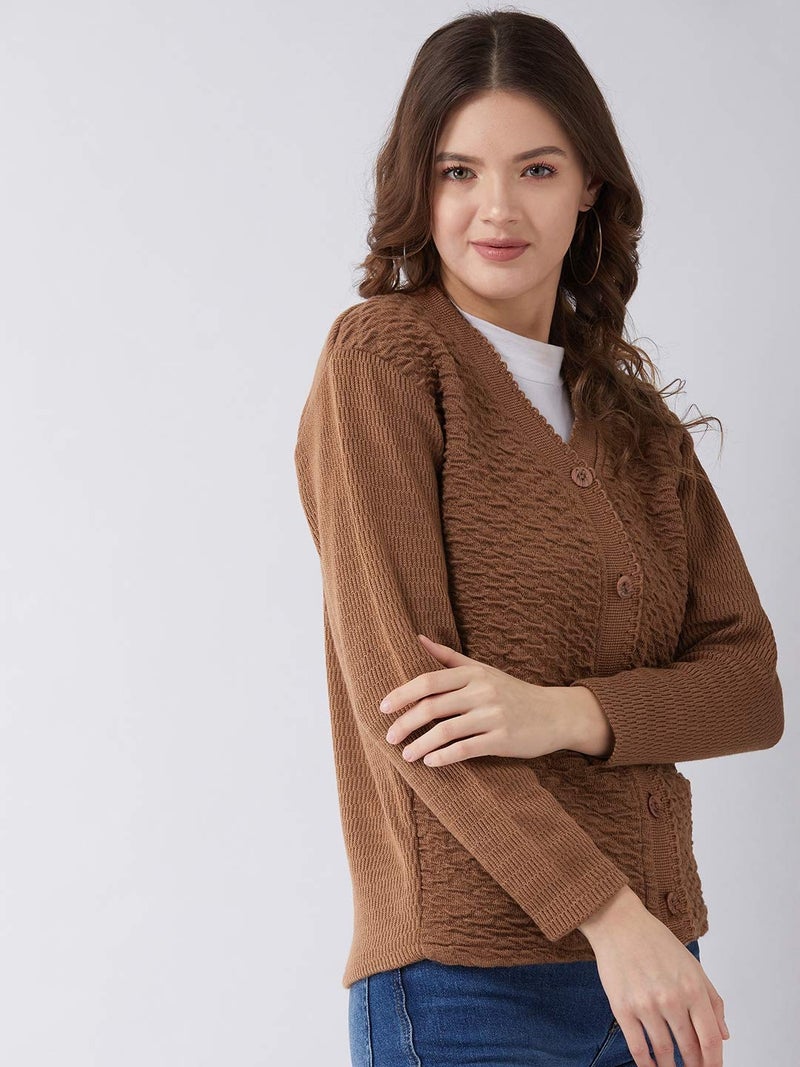 Pivl Self Design V Neck Casual Women Sweater/Cardigan for Winter (XXL, Coffee) - Image 4