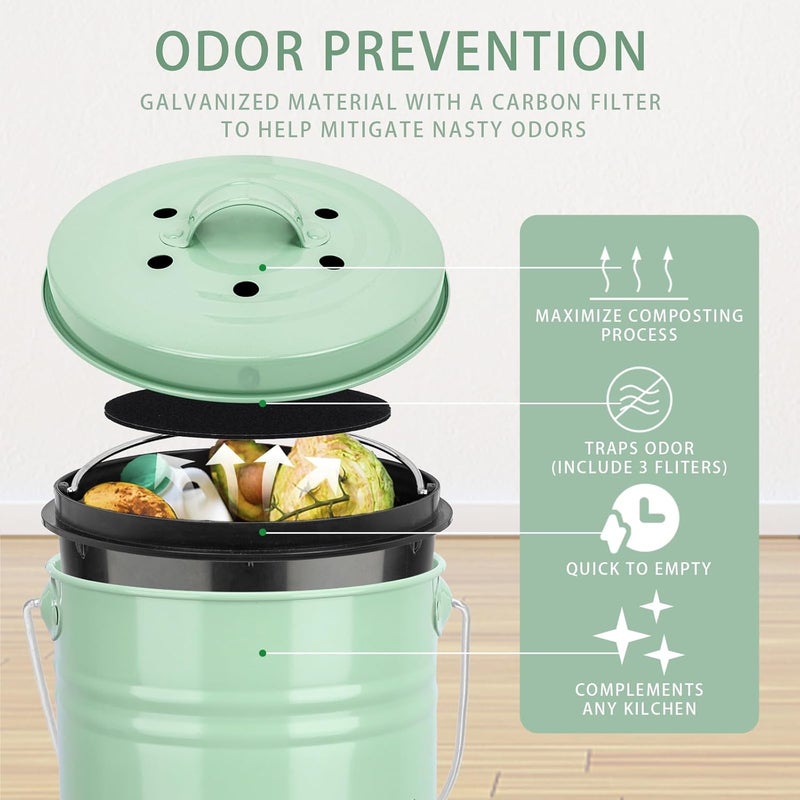 Vipush Compost Bin Kitchen Countertop Composter with lid – Small Compost ContainerI Includes Inner Compost Bucket Liner & Charcoal Filter, Green - Image 2