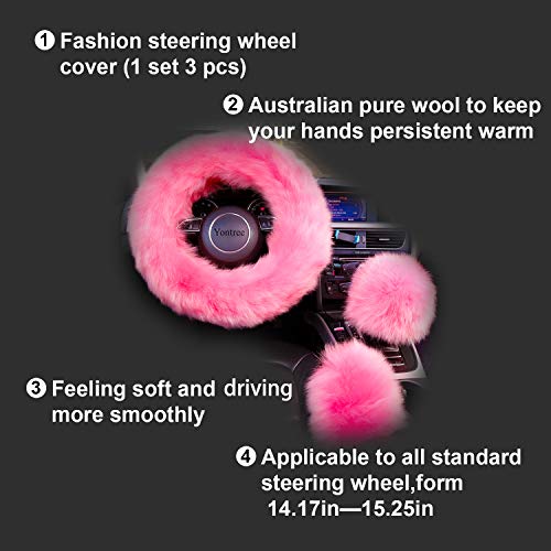 Yontree Cute Fluffy Steering Wheel Covers for Women/Girls/Ladies Australia Pure Wool Universal 15 Inch1 Set 3 Pcs (Pink) - Image 4