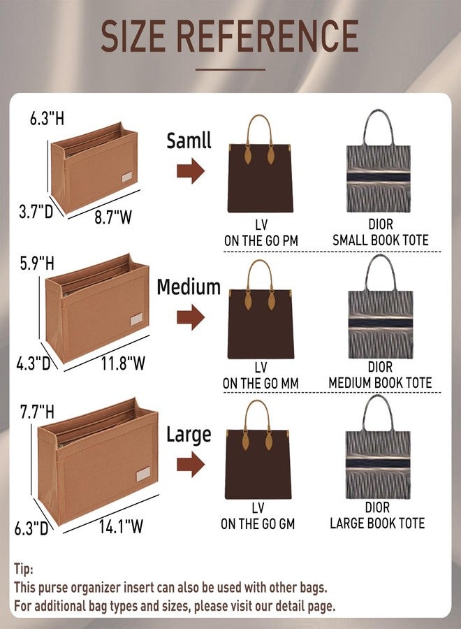 Doxo Bag Organizer Insert for LV On The Go MM and Dior Medium Book Tote and more, 9-Section Customizable Purse Organizer with Secure Zippered Pocket Water Bottle Holder, Handbag Shaper Protector (Camel) - Image 2