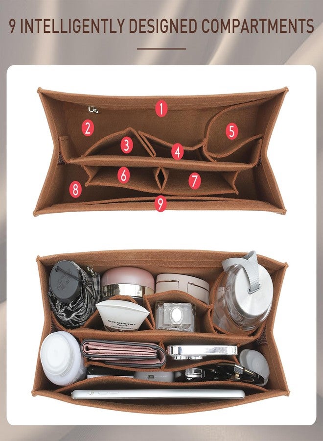 Doxo Bag Organizer Insert for LV On The Go MM and Dior Medium Book Tote and more, 9-Section Customizable Purse Organizer with Secure Zippered Pocket Water Bottle Holder, Handbag Shaper Protector (Camel) - Image 3