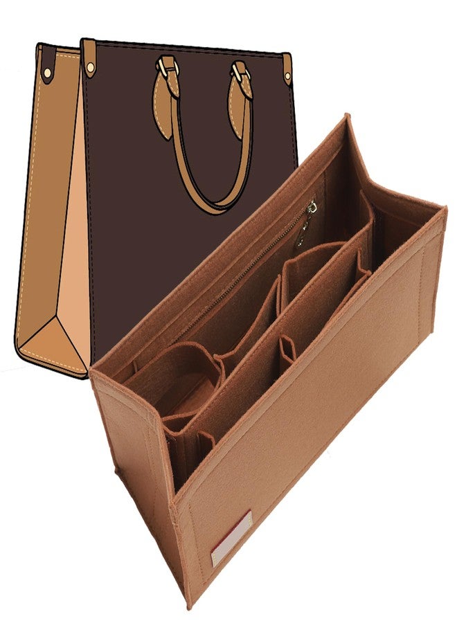 Doxo Bag Organizer Insert for LV On The Go MM and Dior Medium Book Tote and more, 9-Section Customizable Purse Organizer with Secure Zippered Pocket Water Bottle Holder, Handbag Shaper Protector (Camel) - Image 1
