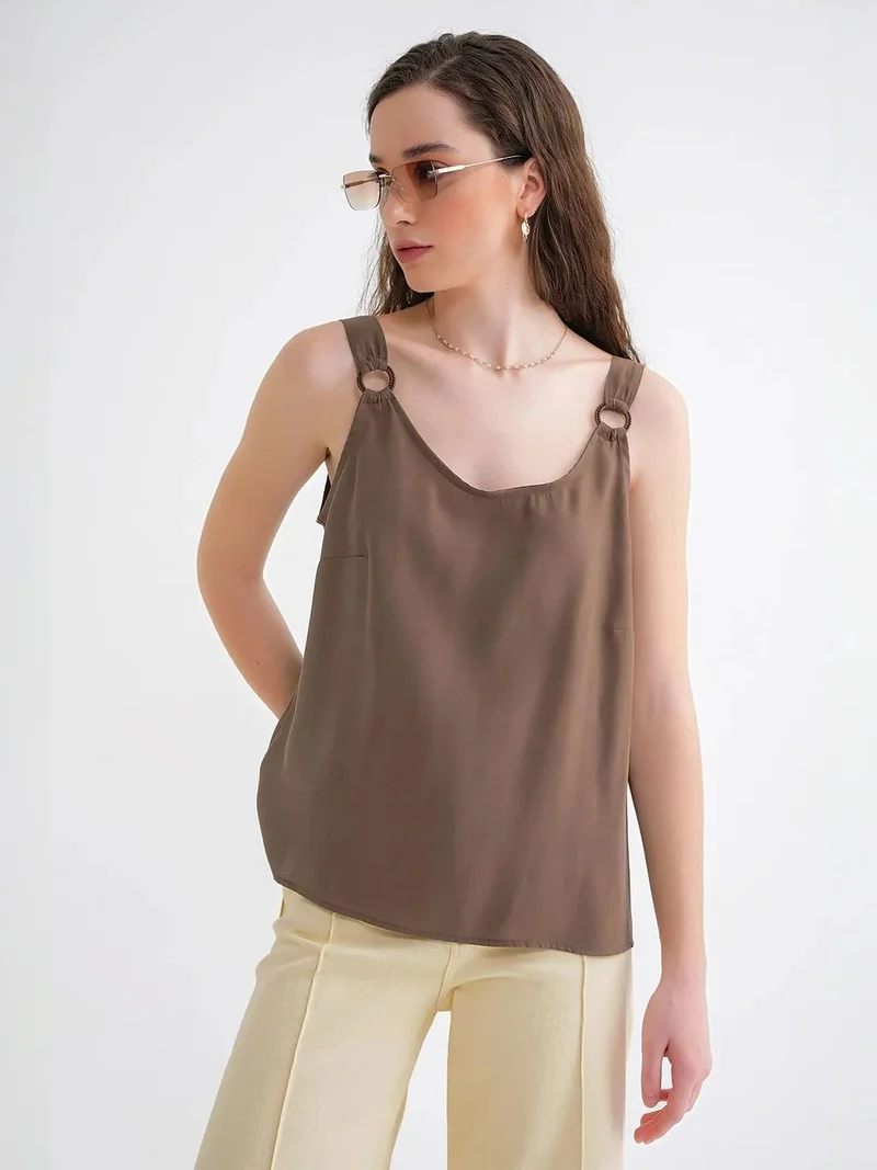 Mixray Mocha Brown MIXRAY Sleeveless Relaxed Fit Woven Blouse for Women | Best Price UAE