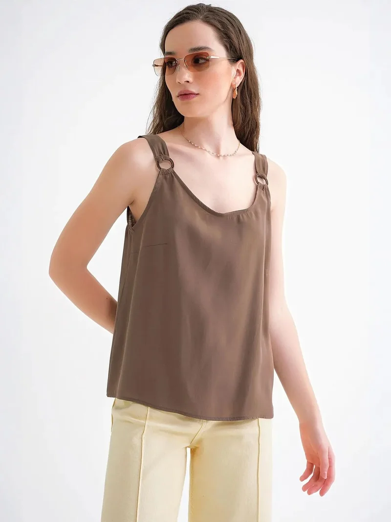 Mixray Mocha Brown MIXRAY Sleeveless Relaxed Fit Woven Blouse for Women | Best Price UAE