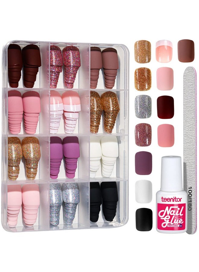 Teenitor - Teenitor Short Press on Nails,288Pcs Matte Acrylic Short Square Fake Nails Full Cover, Glitter Press On False Nails Glue on Nails Short - Image 1