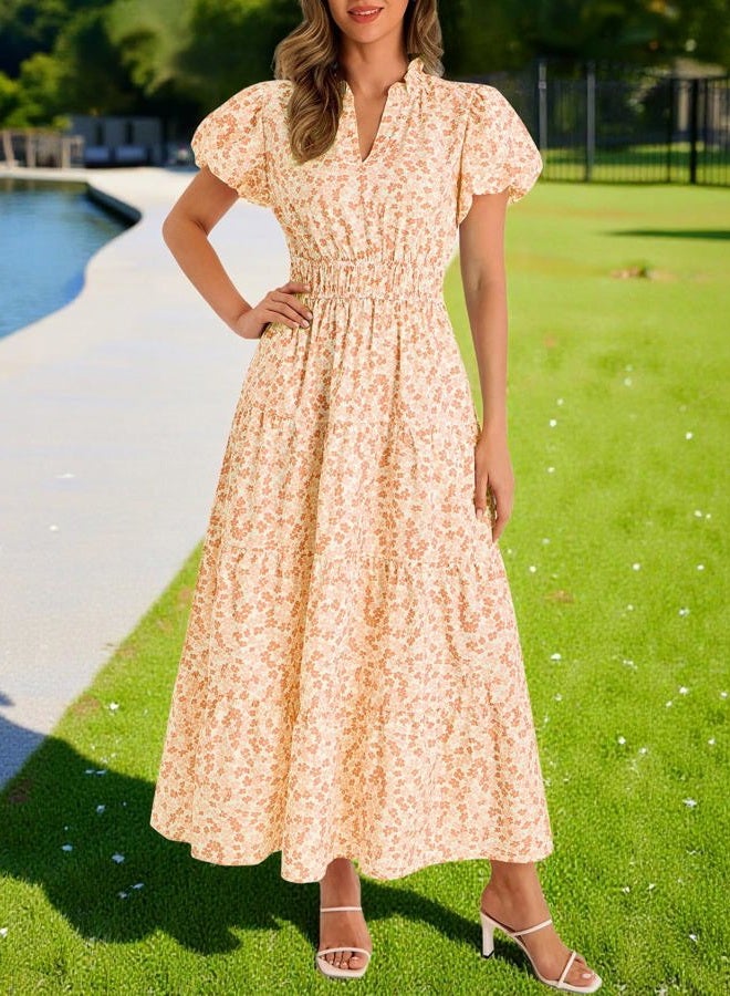 Wenrine Womens Summer Floral Maxi Dress Casual V Neck Puff Short Sleeve Smocked Loose Boho Beach Dresses with Pockets, Orange, L - Image 3