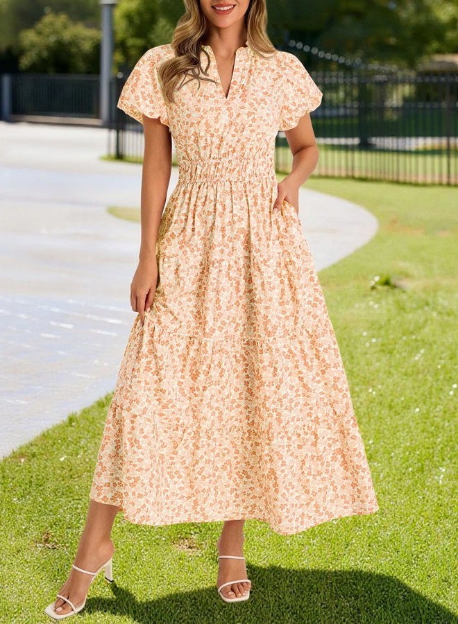 Wenrine Womens Summer Floral Maxi Dress Casual V Neck Puff Short Sleeve Smocked Loose Boho Beach Dresses with Pockets, Orange, L - Image 4