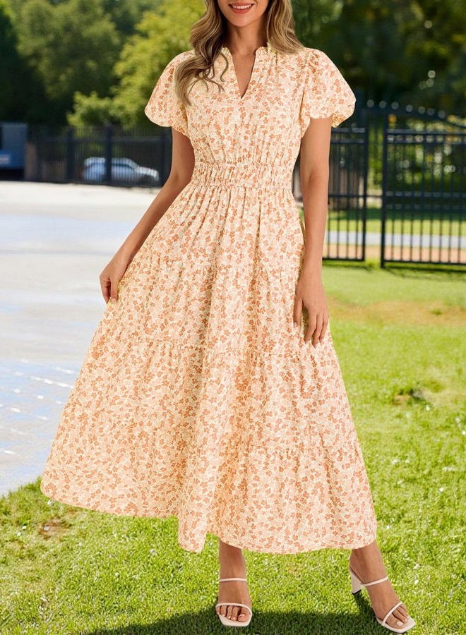 Wenrine Womens Summer Floral Maxi Dress Casual V Neck Puff Short Sleeve Smocked Loose Boho Beach Dresses with Pockets, Orange, L - Image 2