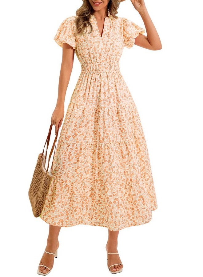 Wenrine Womens Summer Floral Maxi Dress Casual V Neck Puff Short Sleeve Smocked Loose Boho Beach Dresses with Pockets, Orange, L - Image 1