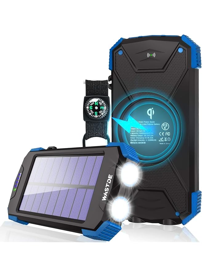 promass Solar Power Bank 10000mAh, Portable Charger Qi Wireless USB C Fast Charging, Battery Bank with Solar Panel Built-in Dual Led Flashlights, Compass Carabiner for Camping Outdoors (Blue)
