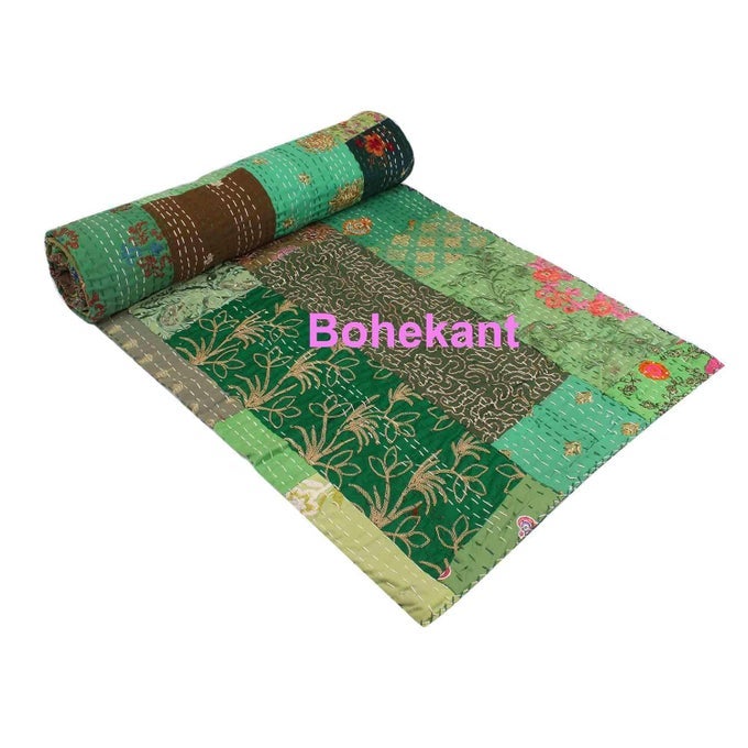 HANDICRAFT SILK KANTHA KHAMBADIYA MIX PATCH WORK QUILT KANTHA BED COVER KANTHA BLANKET THROW HANDMADE KANTHA BEDSPREAD04 TWIN