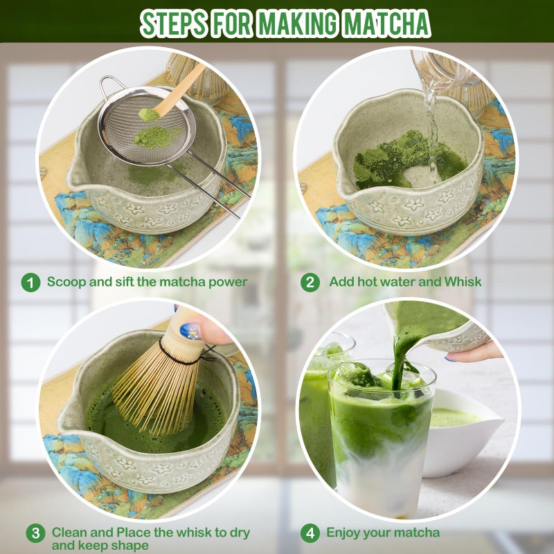 Foloda Matcha Whisk Set - 7 PCS Matcha Kit, Matcha Set for Making Breakfast Green Tea Lattes - Matcha Bowl with Spout, Matcha Whisk Holder - Gift for Tea Beginner, Friend, Daughter, Family - Image 5