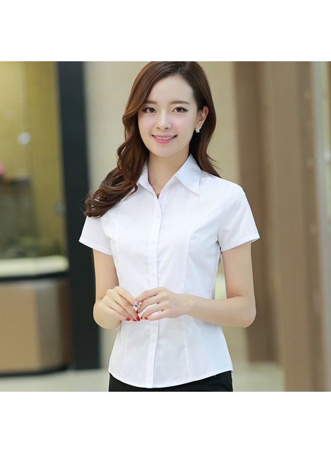 Elegant Slim Fit White Short Sleeve Blouse White square collar, short sleeves, slightly elastic and breathable