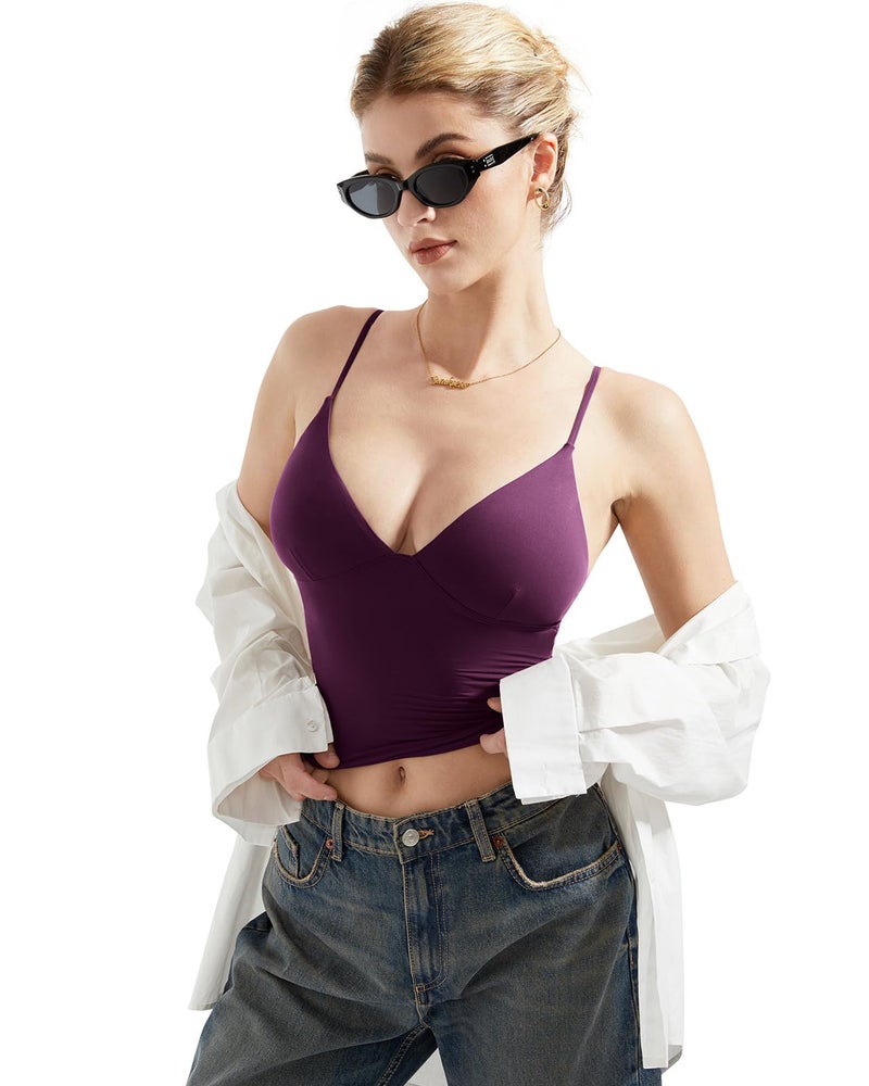 SUUKSESS Women Sexy Deep V Neck Sleeveless Fitted Basic Tops Y2K Going Out Crop Tank Top Camisole (Violet,S) - Image 5
