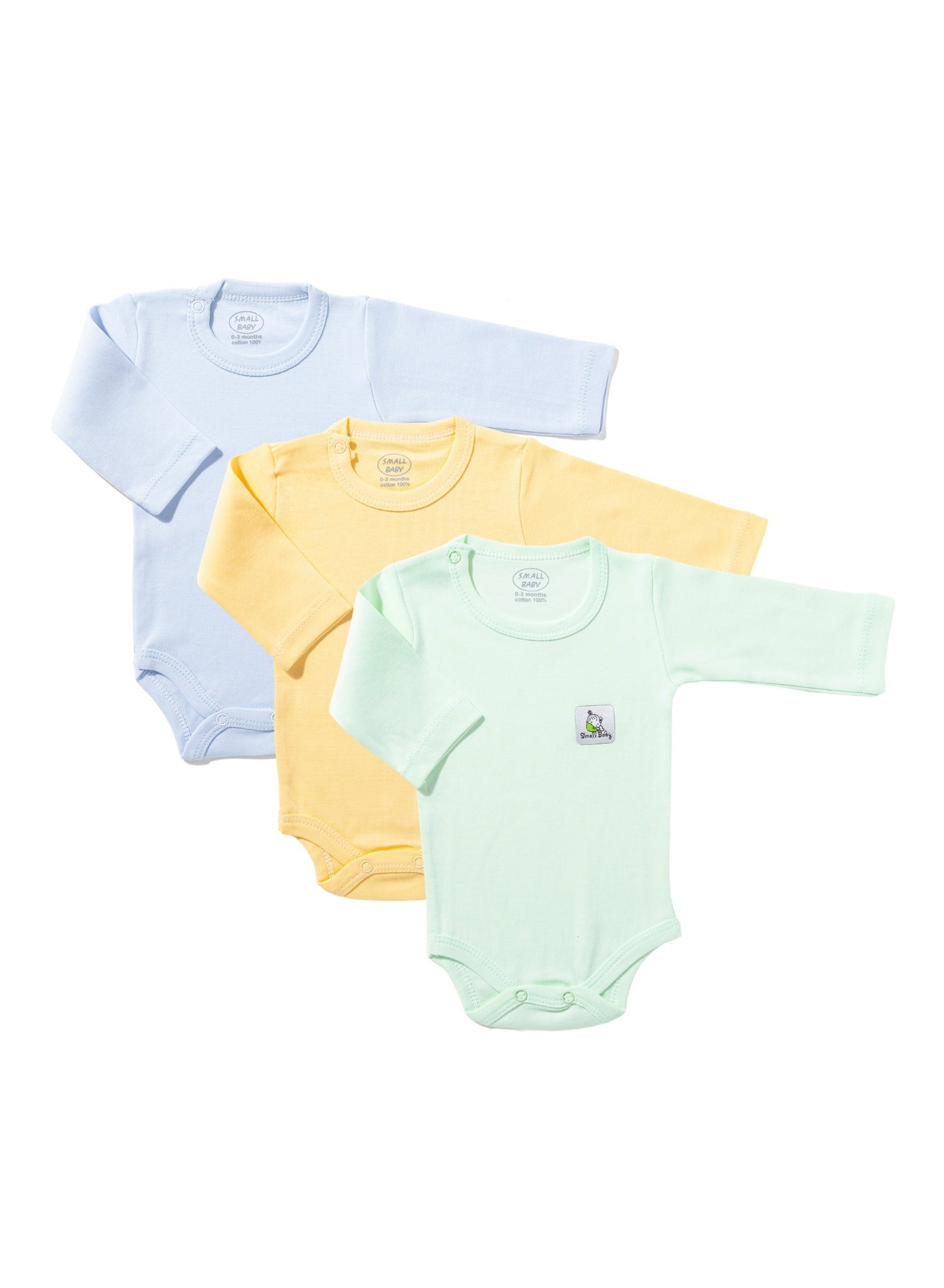 Small Baby Pack of 3 Long Sleeve Baby Bodysuits 100%Cotton