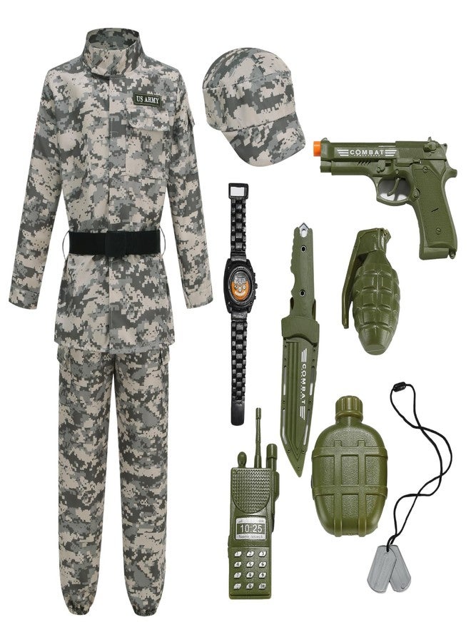 HAPNBCELE Army Costume for Boys, Soldier Camouflage Uniform Military Outfits for Kids with Toy Accessories 11 Pcs Halloween (Grey Green, Small 6-8Years) - Image 1