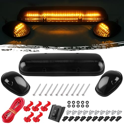 Konrali 3x Smoked Amber Cab Roof Top Marker Clearance Running Lights Lamps Assembly Kit 30 LED Compatible with 2002-2007 Chevrolet Silverado/GMC Sierra 1500 1500HD 2500 2500HD 3500 Trucks Cab Lights - Image 1