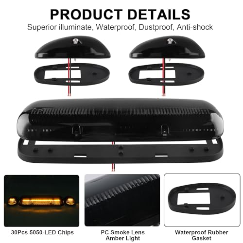 Konrali 3x Smoked Amber Cab Roof Top Marker Clearance Running Lights Lamps Assembly Kit 30 LED Compatible with 2002-2007 Chevrolet Silverado/GMC Sierra 1500 1500HD 2500 2500HD 3500 Trucks Cab Lights - Image 3