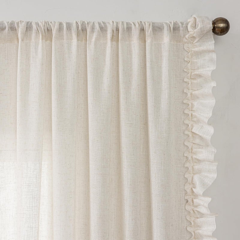 TERLYTEX Ruffle Curtains 63 Inch Length 2 Panels, 47 x 63 Inch, Natural Linen Textured Ruffled Curtains for Bedroom Rod Pocket Privacy Light Filtering Farmhouse Semi-Sheer Flowy Boho Drapes for Window - Image 2