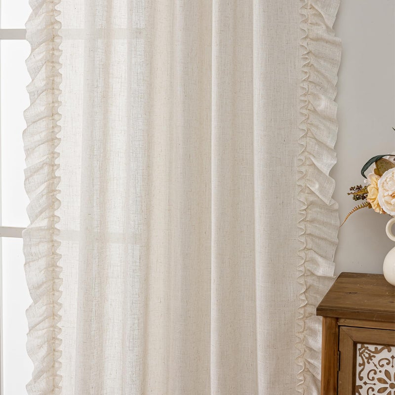 TERLYTEX Ruffle Curtains 63 Inch Length 2 Panels, 47 x 63 Inch, Natural Linen Textured Ruffled Curtains for Bedroom Rod Pocket Privacy Light Filtering Farmhouse Semi-Sheer Flowy Boho Drapes for Window - Image 5