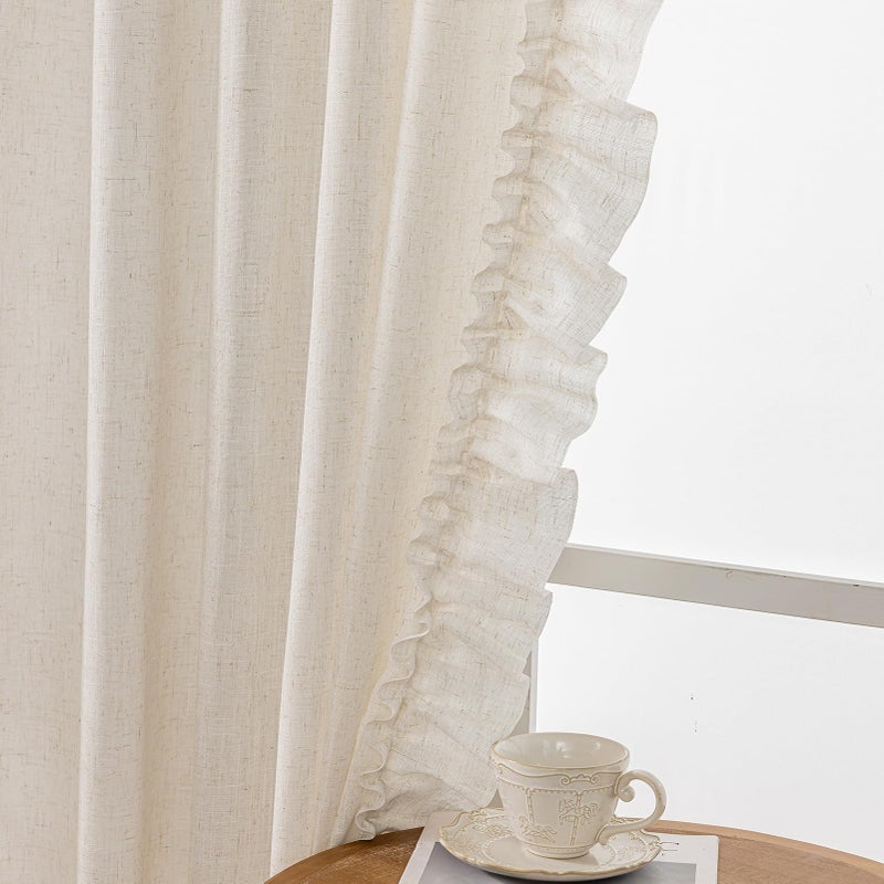 TERLYTEX Ruffle Curtains 63 Inch Length 2 Panels, 47 x 63 Inch, Natural Linen Textured Ruffled Curtains for Bedroom Rod Pocket Privacy Light Filtering Farmhouse Semi-Sheer Flowy Boho Drapes for Window - Image 1