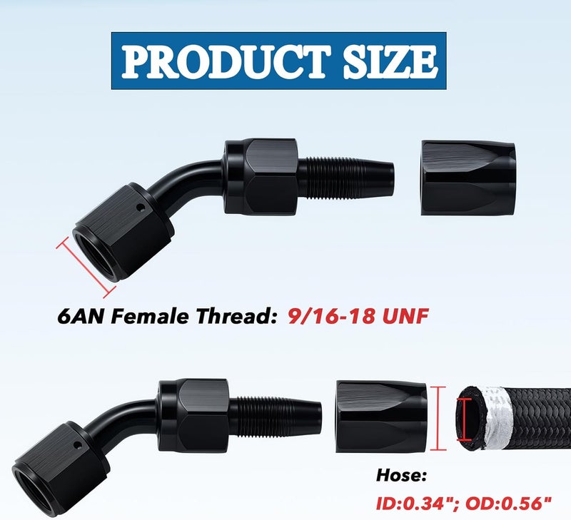 ROSY PIXEL 2Pcs 6AN 45 Degree Swivel Hose End Fitting for Fuel Oil Line Aluminum Black - Image 4