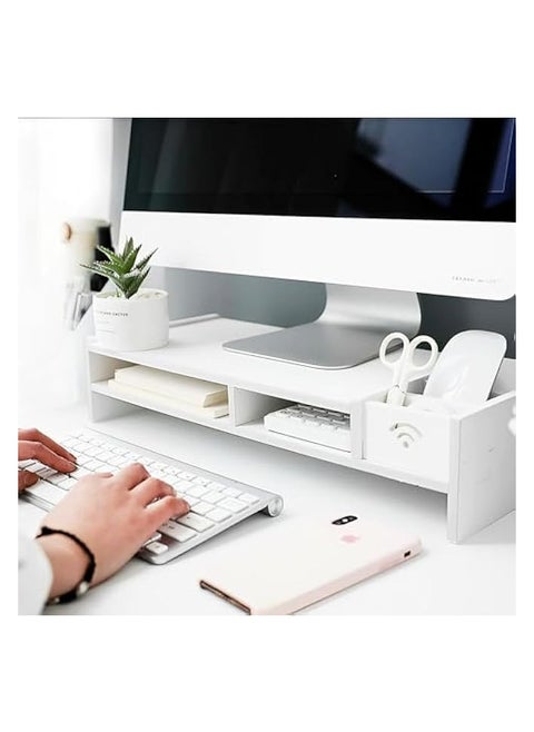 2-Tier Computer Monitor Stand Riser,Desktop Wood Stand with Storage WiFi Box and Mobile Phone Holder for Home Office,Desk Riser Desktop Organizer Stand for Computer Laptop Printer