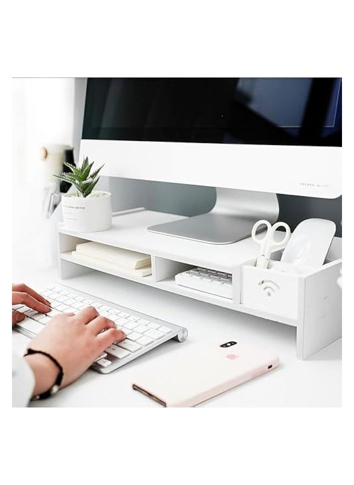erorex - 2-Tier Computer Monitor Stand Riser,Desktop Wood Stand with Storage WiFi Box and Mobile Phone Holder for Home Office,Desk Riser Desktop Organizer Stand for Computer Laptop Printer - Image 1