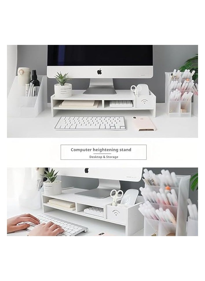 erorex - 2-Tier Computer Monitor Stand Riser,Desktop Wood Stand with Storage WiFi Box and Mobile Phone Holder for Home Office,Desk Riser Desktop Organizer Stand for Computer Laptop Printer - Image 1